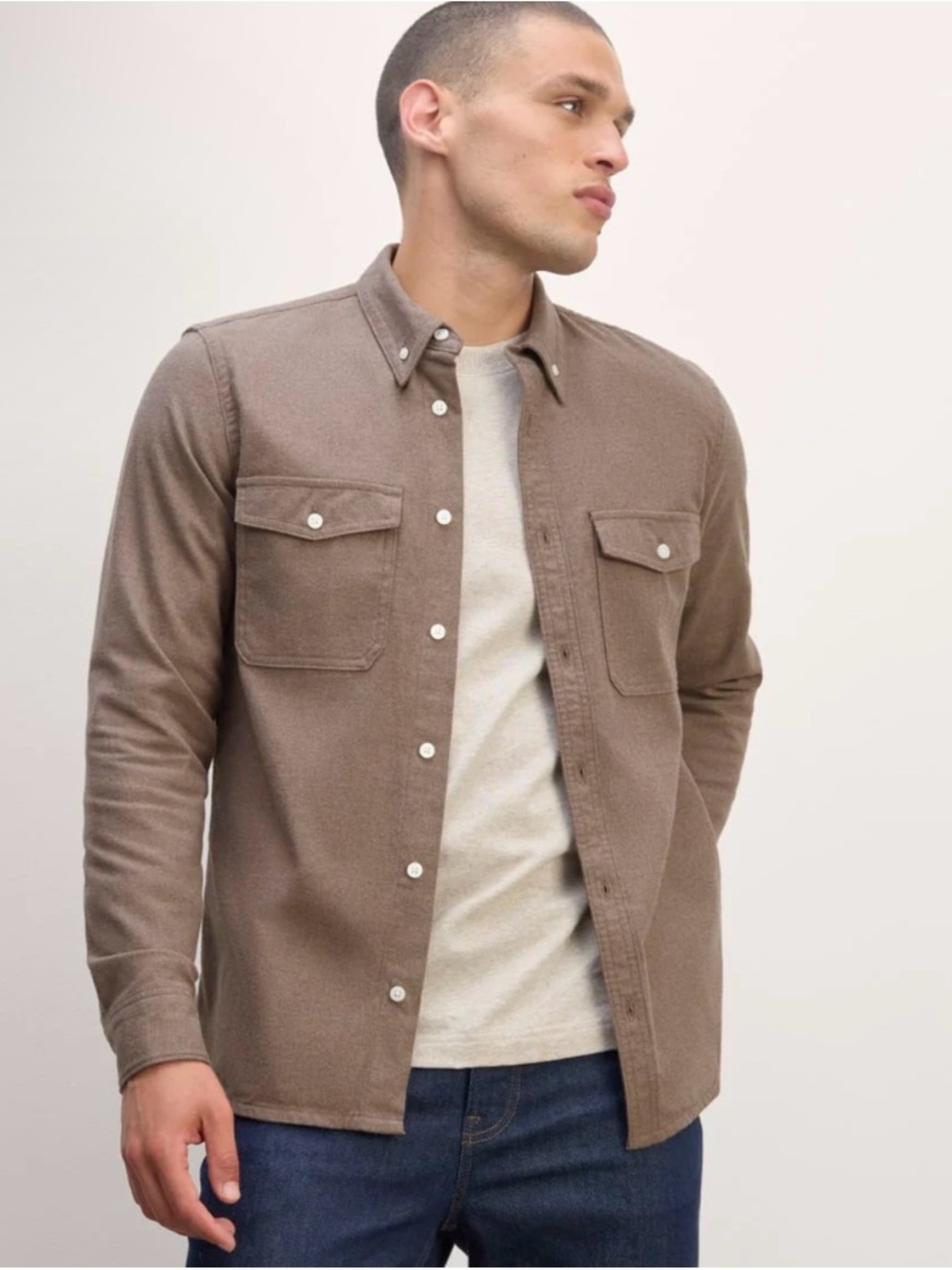Everlane brushed flannel Taupe-Brown Button-Front Workshirt